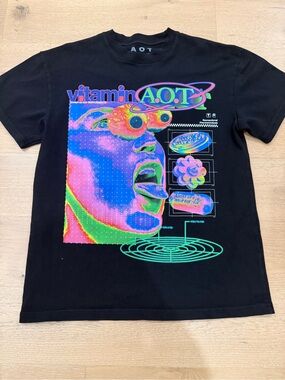 Vitamin AOT Black Graphic Tee with Neon Pop Art Print M
